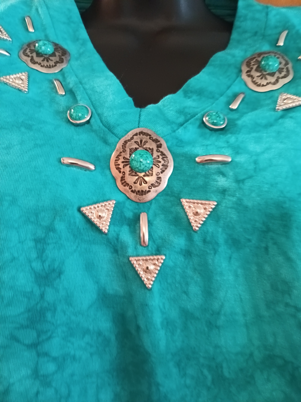 Embellished Turquoise V-Neck Tunic Top